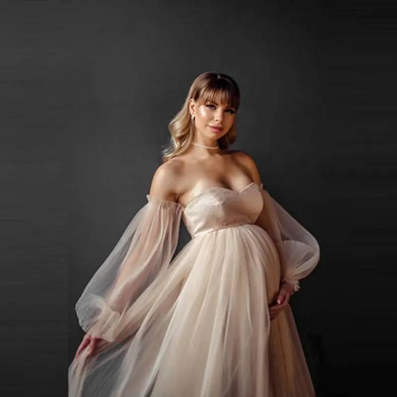 Fashion Pleated Mesh Maternity Dress With Long Puff Sleeves Off The Shoulder Tulle A-line Pregnancy Gowns To Wedding Party