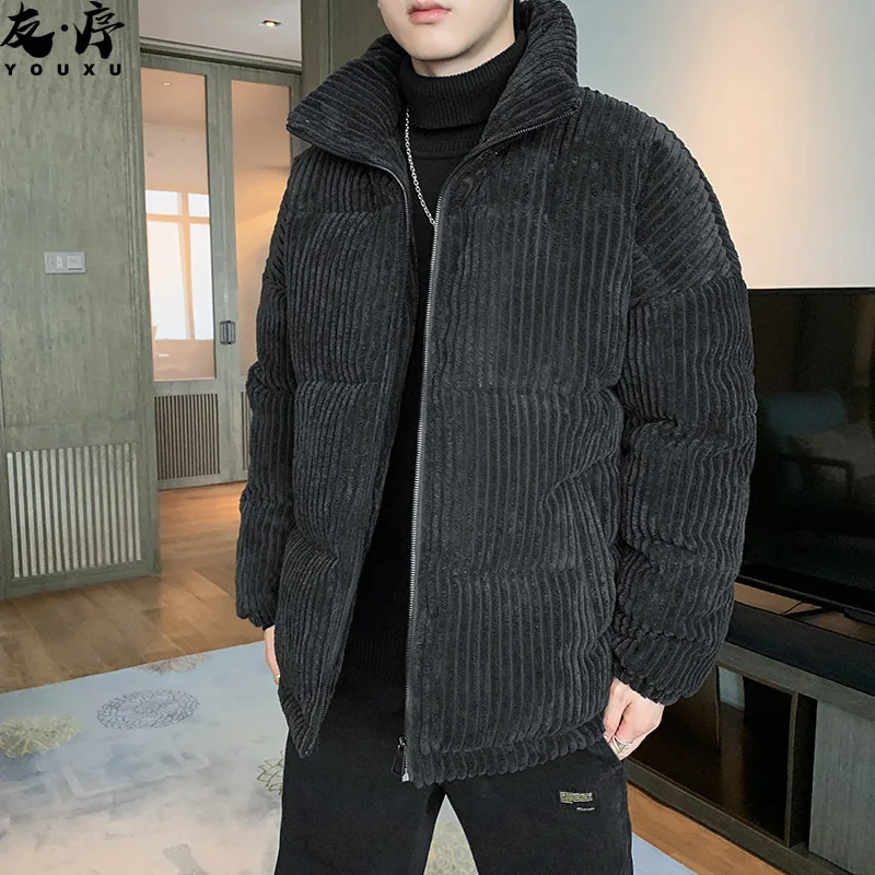 Corduroy Cotton Coat Men's Winter Tide Stand Collar Coat Men's Korean-Style Trendy Youth Loose Fleece-Lined Thickened Cotton