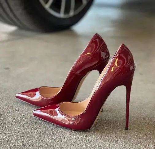 

Moraima Snc Pointed Toe High Heel Shoe Sexy Thin Heels Woman Dress Shoe Wine Red Patent Leather Stiletto Heels 12/10cm