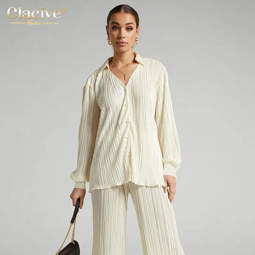 

Clacive Beige High Wasit Pants Set Women Casual Loose V-Neck Blouse Two Piece Pants Set Elegant Pleated Wide Trousers Suits