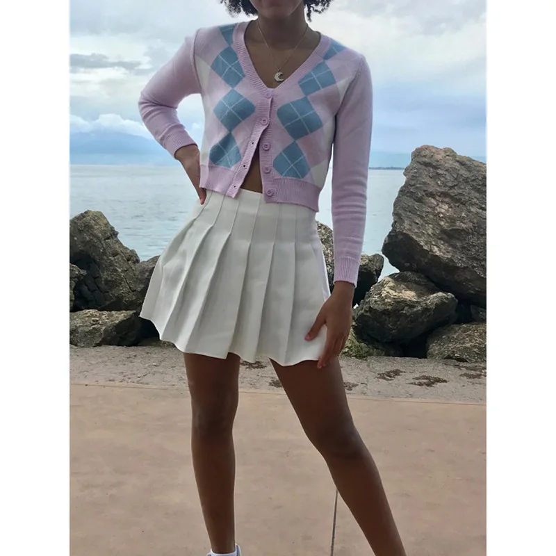 Винтажный милый ромбовидный вязаный кардиган с геометрическим узором женский