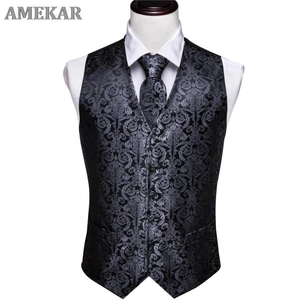 

Designer Mens Classic Black Paisley Jacquard Folral Silk Waistcoat Vests Handkerchief Tie Vest Suit Pocket Square Set Barry.Wang