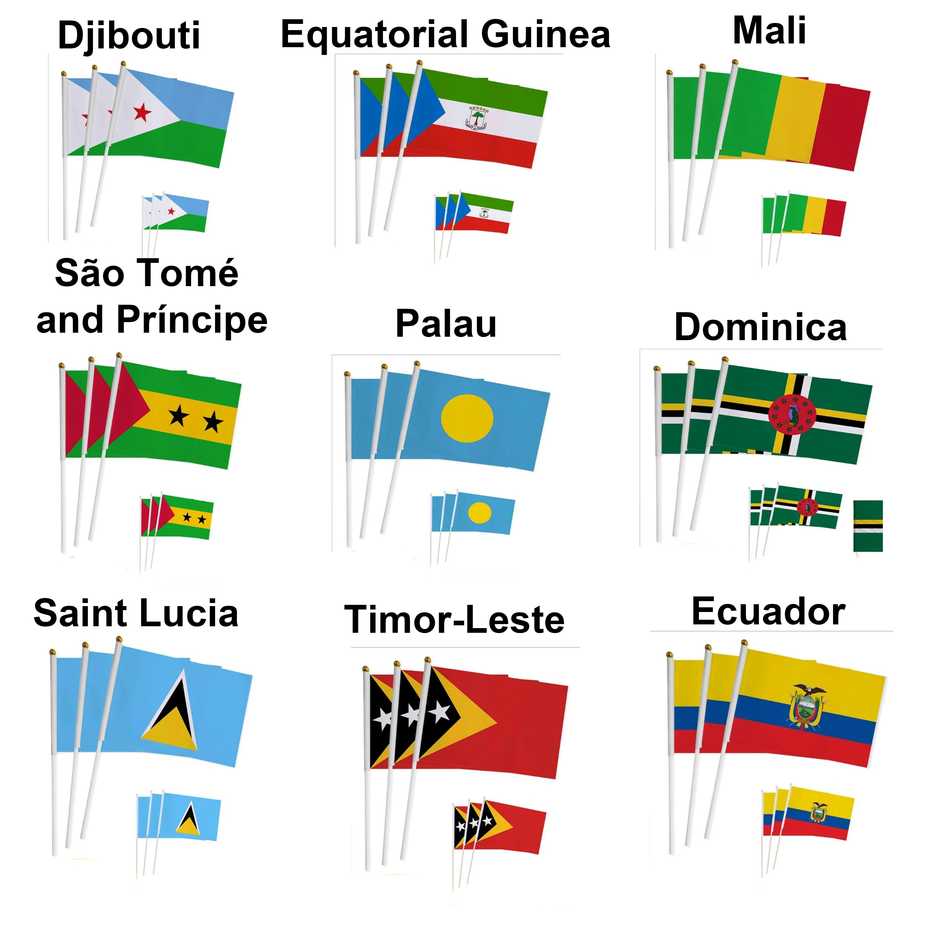 

KAFNIK, Djibouti//Mali/Dominica/Saint Lucia/Ecuador/Timor-Leste/Equatorial Guinea/Nicaragua 14*21CM Hand Flag With Pole