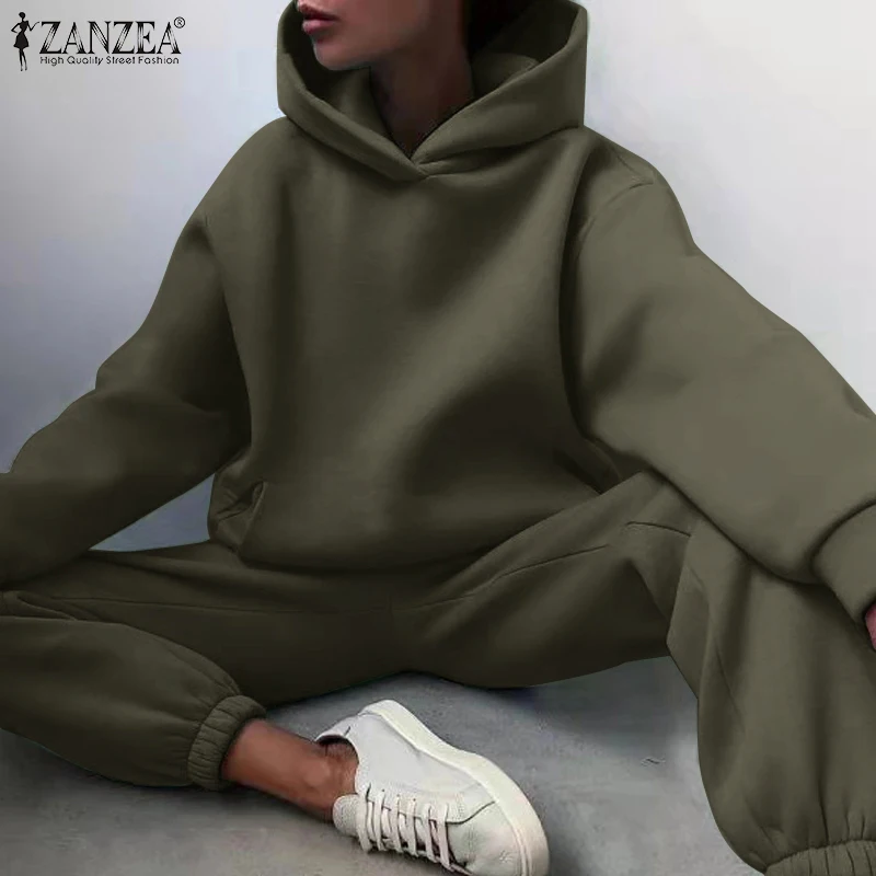 

Комплект Спортивный ZANZEA женский однотонный, Свободный Повседневный костюм из 2 предметов, винтажная блузка с длинным рукавом и капюшоном, б...