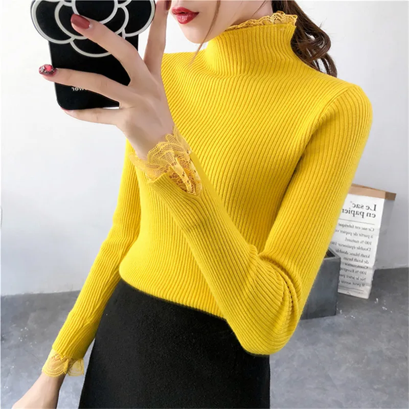

Free Shipping Woman Sweaters Autumn Winter Casual Half Turtleneck Long Sleeve Lace Knitting Elegant Slim Fit Basic Women Sweater