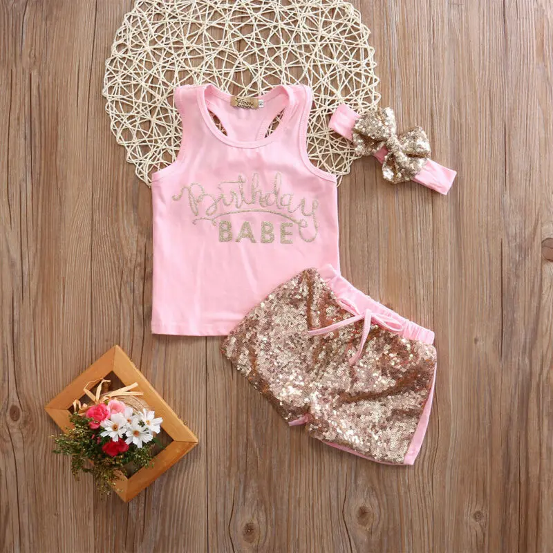 

Newborn Cute Baby Girls Cotton Tops Romper Sequin Pants Outfits 3Pcs Set Clothes