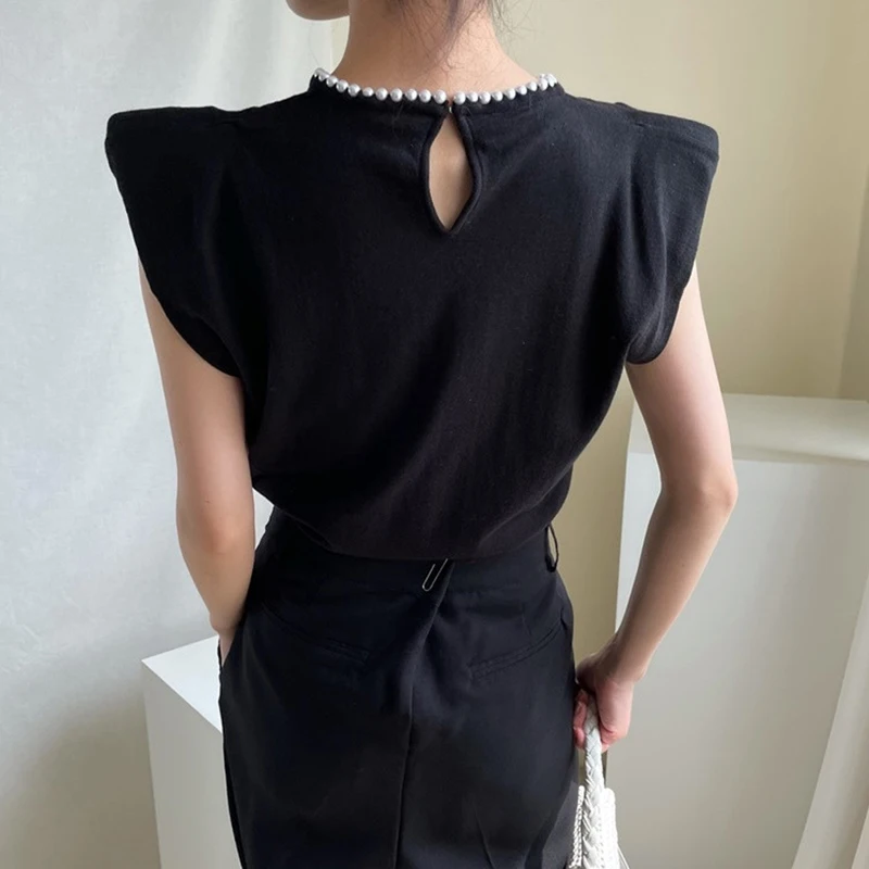 

Heavy Beaded Round Neck Pullover Knit T-shirt Casual Solid Color Flying Sleeve Tshirt 2021 Women Fashion Clothing