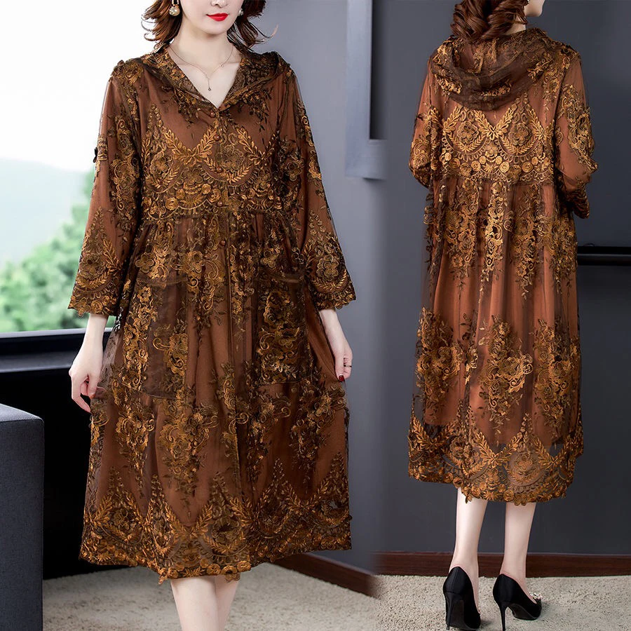 

2020 Fall Spring Womens Hooded Lace Patchwork Embroidery Brown Trench Coat , High Waisted Loose 4xl 5xl Long Coats for Woman