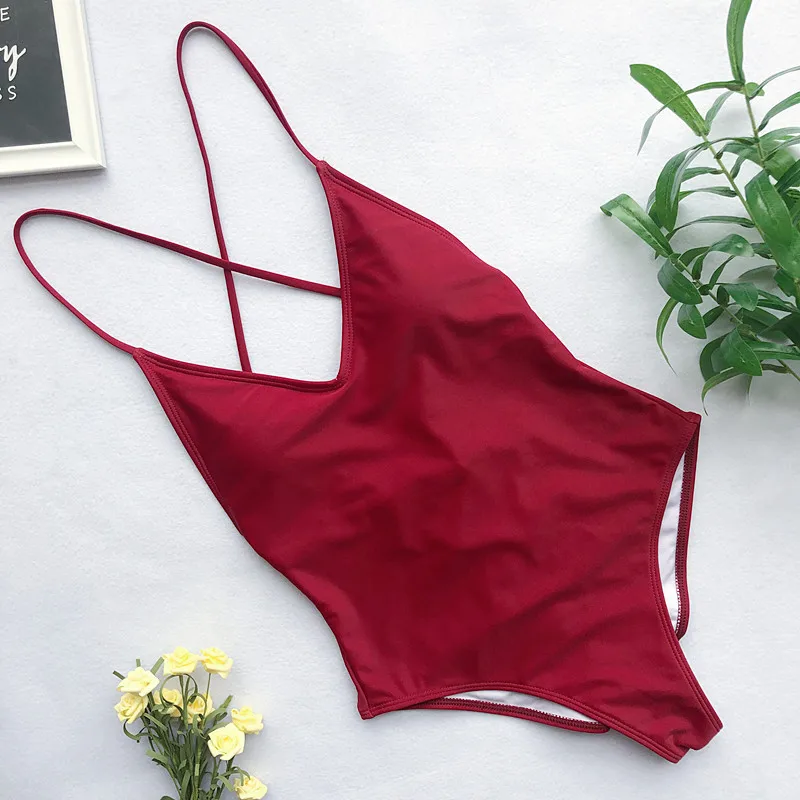 

2021 Sexy Deep V Neck One Piece Swimsuit Removable Chest Pad Biquini Solid Backless Beachwear Swimwear Bathing Swimming