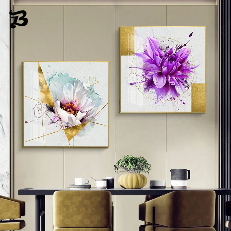 

Canvas Painting Nordic White Purple Flowers Posters Prints Wall Art Geometric Abstract Wall Pictures for Living Room Home Decor