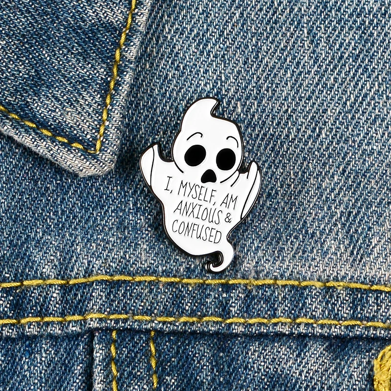 

Cartoon Cute Confused Ghost Pins Halloween Enamel Metal Pins Festival Brooches Badges Lapel Clothes Pins Women kid Jewelry Gifts