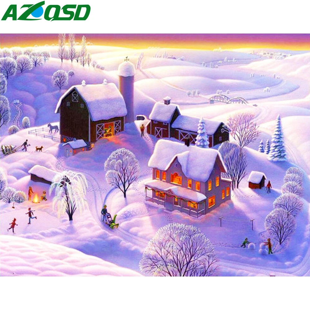 

Алмазная живопись AZQSD 5d с изображением Стразы в зимнем доме, украшение для дома, алмазная вышивка, распродажа, пейзаж, подарок ручной работы