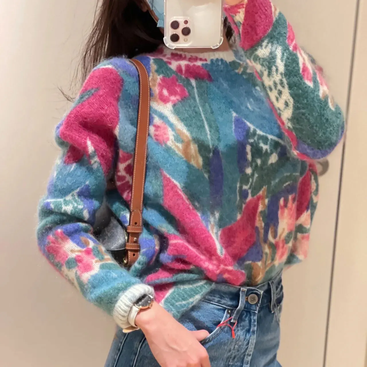 

Colorful oil painting printing women sweater 2021 new mohair blend o-neck long sleeve fashion temperament lady sweater