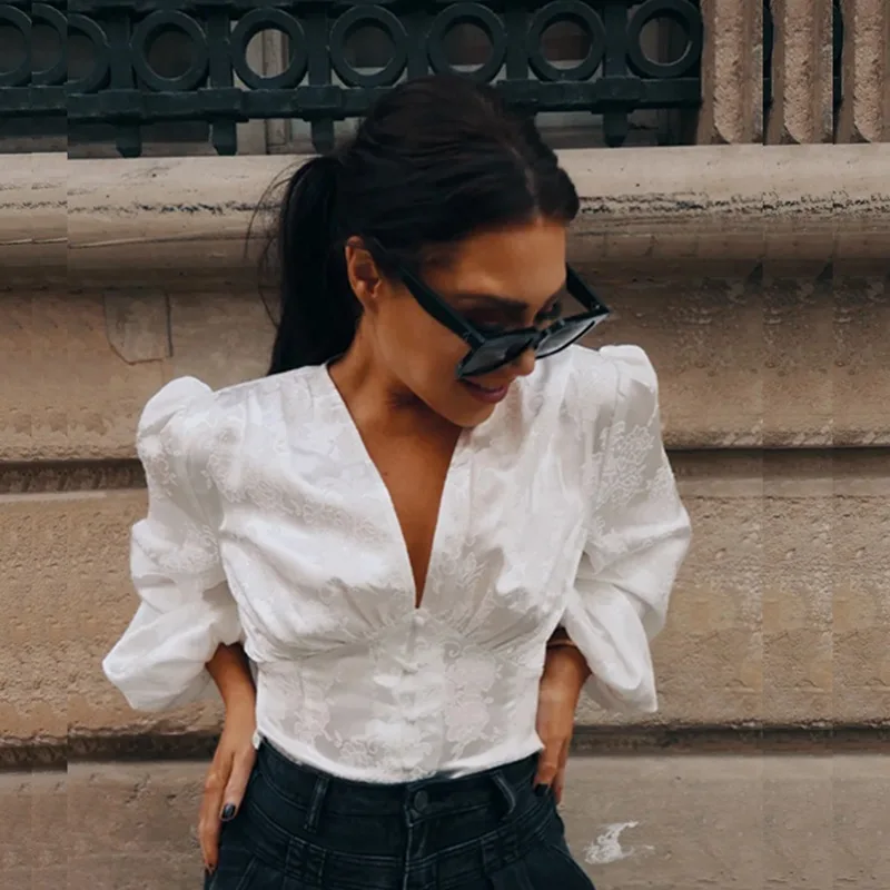 Винтажная атласная блузка сексуальная Белая Прозрачная женская с v-образным