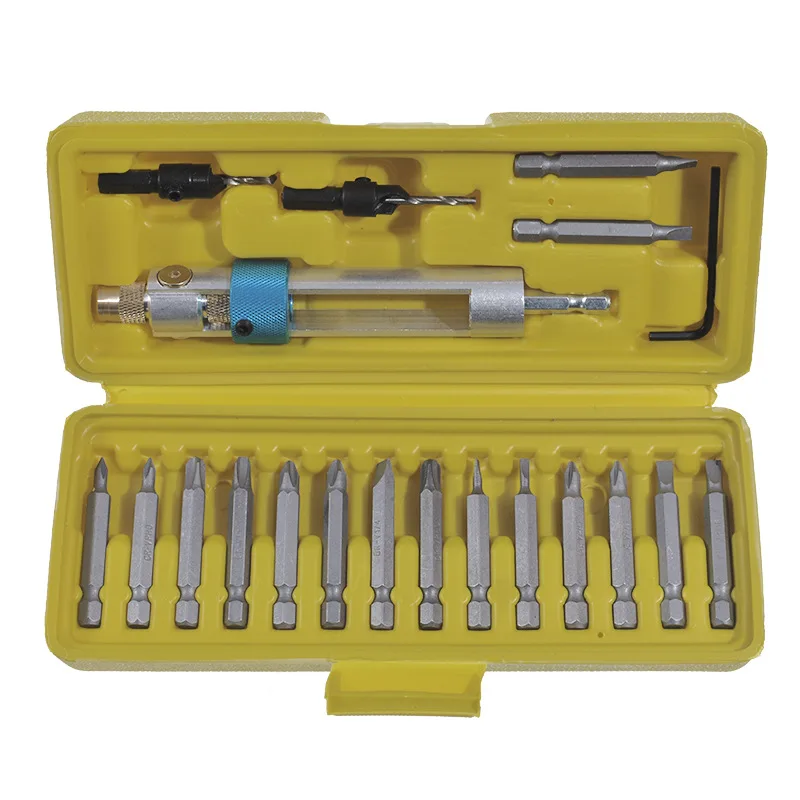 

20pc Screwdriver Bits Combination Set Yellow Plastic Box Electric Rotary Tool High Speed Steel Countersunk Auger Bit