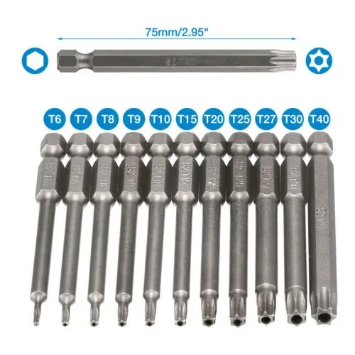 

11pcs 75mm Bit Set Hex Shank T6, T7, T8, T9, T10, T15, T20, T25, T27, T30, T40 Magnetic Head Screw Driver Screwdriver