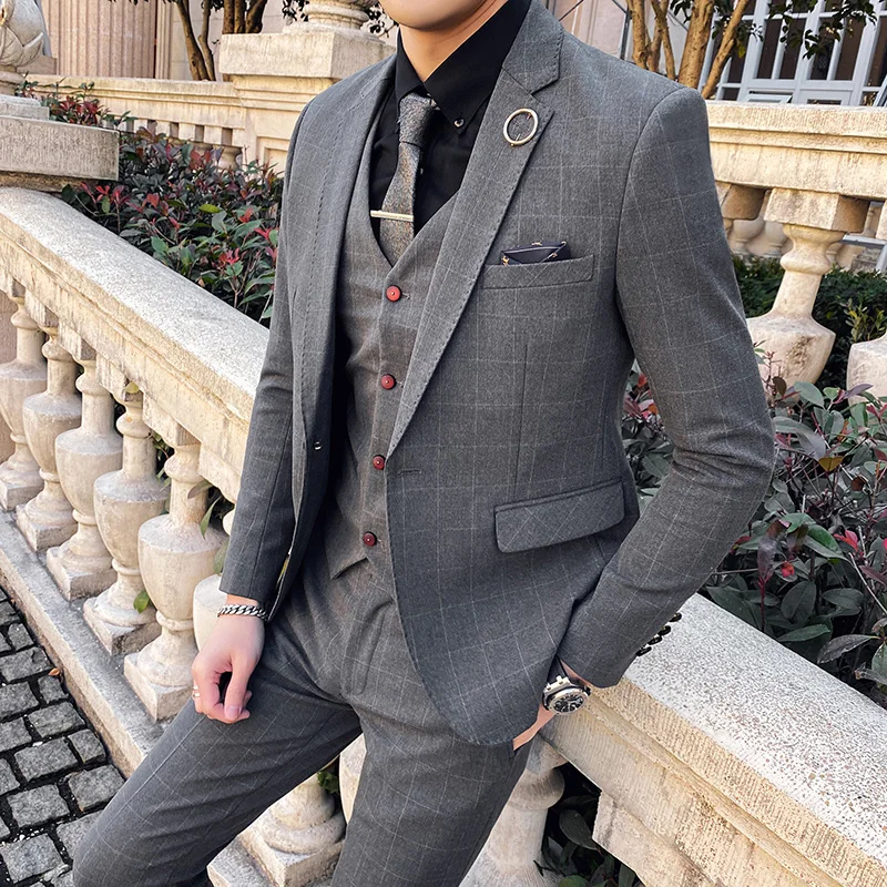 

(Jacket+Vest+Pants) 2021 New Casual Fashion Trendy Suits Korean Version of Slim Groom's Wedding Dress British Style Tuxedo S-3XL