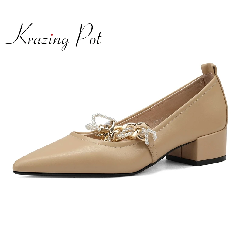 

krazing pot early spring new arrival big size genuine leather pointed toe med heel pearl chain decorations sweet women pumps L27