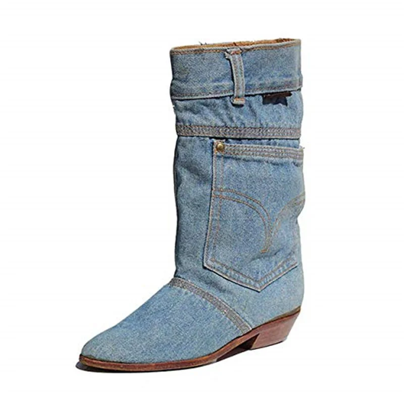 

Women's Pointed Toe Low Heel Middle Tube Boots Denim Cowboy Casual Booties Autmun Winter Commuting Travelling Camping