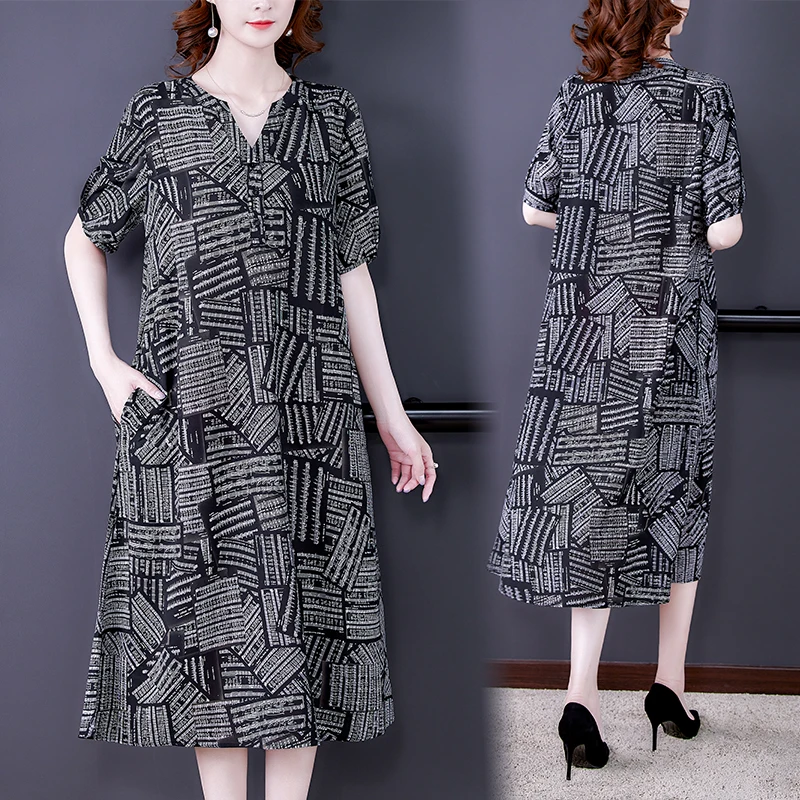 

2022 New Vintage Printed Silk Dress Women's Clothing Summer Mulberry Silk Large Size Straight Dress D1486