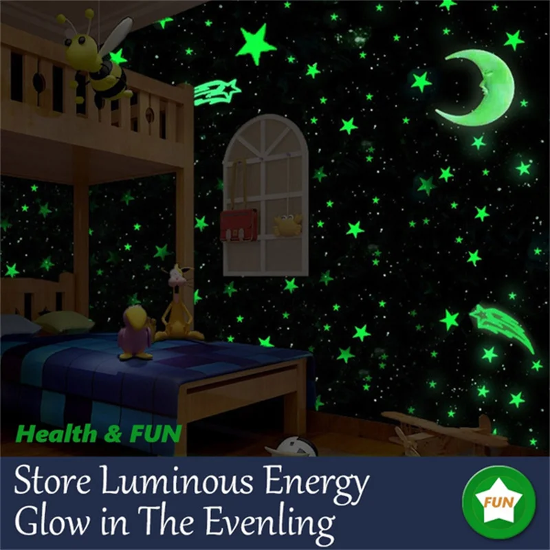 100PCS Kids Bedroom Fluorescent Glow In The Dark Stars Wall Stickers Home Decor Christmas Decoration Star Moon | Дом и сад
