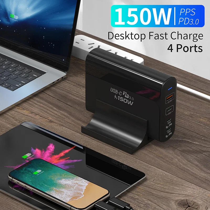Зарядное устройство TQUQ 150 Вт адаптер питания GaN 4 порта PD 100 PPS 65 45 QC4.0 для MacBook iPhone12