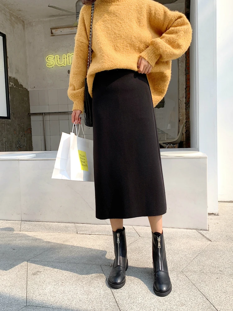 

Women Back Slit Bodycon Elegant Midi Pencil Skirt Autumn Winter Casual Knitted Skirt High Waist Skirts Womens Jupe Femme Faldas