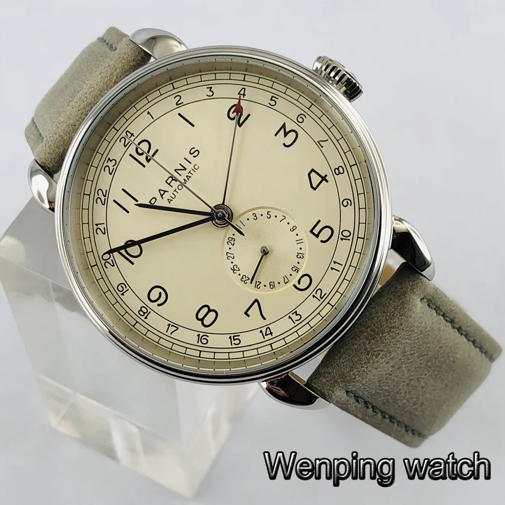 Продажа Новинка Parnis 42 мм GMT Серебряный чехол Арабская марка Дата Окно кожаный ремешок мужские повседневные автоматические механические часы