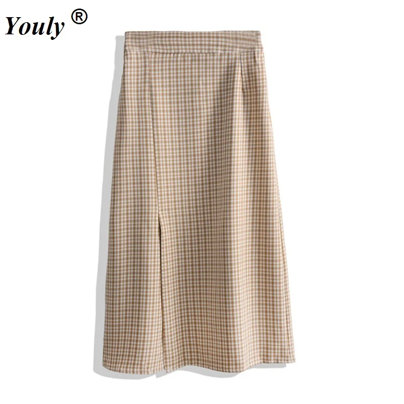 Vintage Plaid High Waist Midi Skirts Women 2021 Summer Elegant Ladies Office Split Party Skirt Streetwear Cotton Casual Skirts