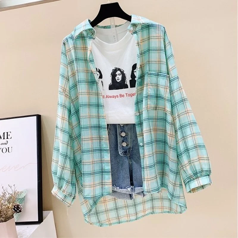 

Women All-match Casual Commute Plaid Shirt Spring Autumn Classic Thin Loose Office Tops 2021 Korean Fashion Student Cute Shirts