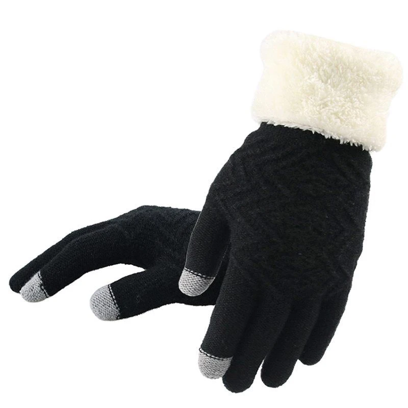 40 New Winter Female Lace Warm Cashmere Three Ribs Cute Mittens Double Thick Plush Wrist Women Touch Screen Driving Gloves - Цвет: 40