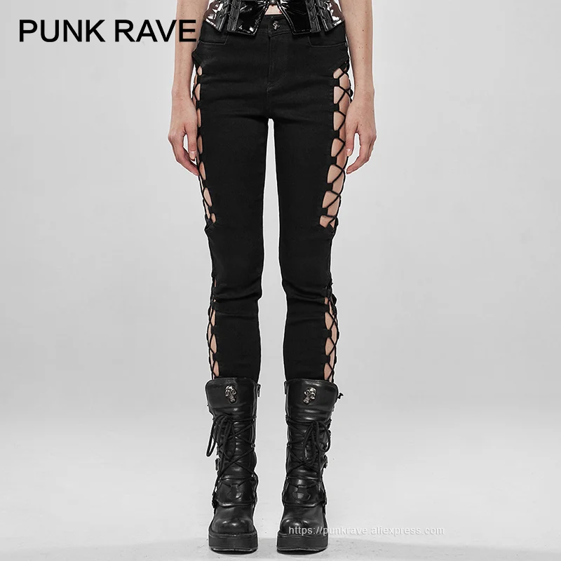 PUNK RAVE Women's Punk Split Hollow-out Trousers Elastic Slim Fit Personality Pencil Pants Trousers Women