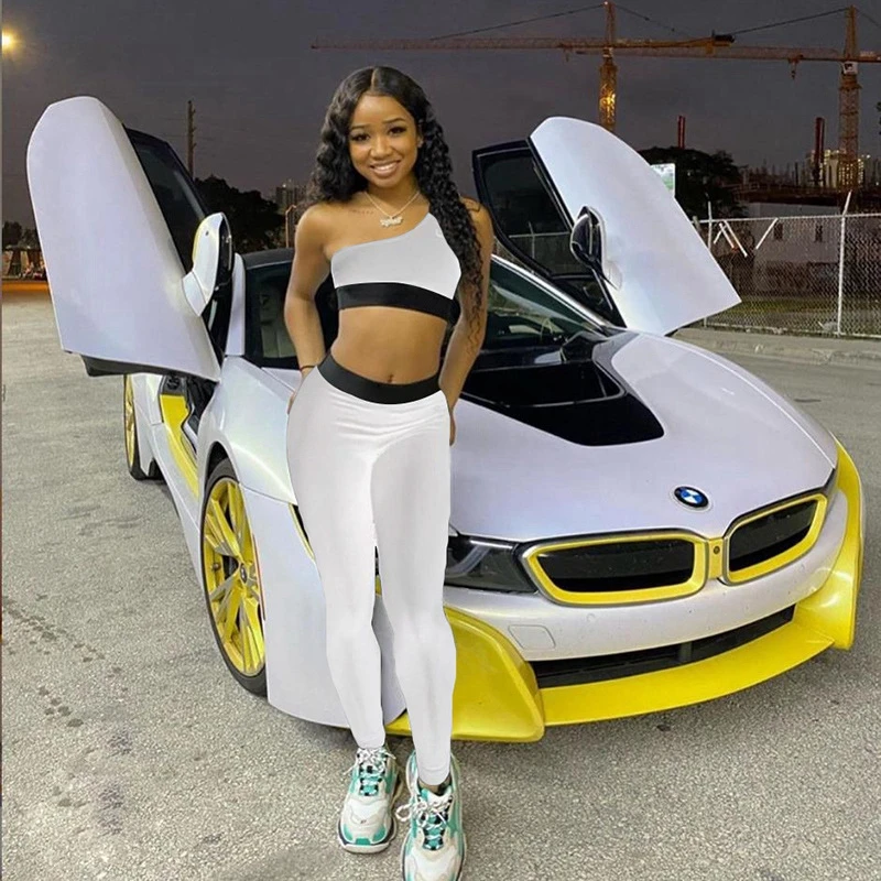 

Women Sexy New Fashion One Shoulder Patchwork Solid Tight Sleeveless Autumn Club Streetwear Outfits For Women Matching Sets