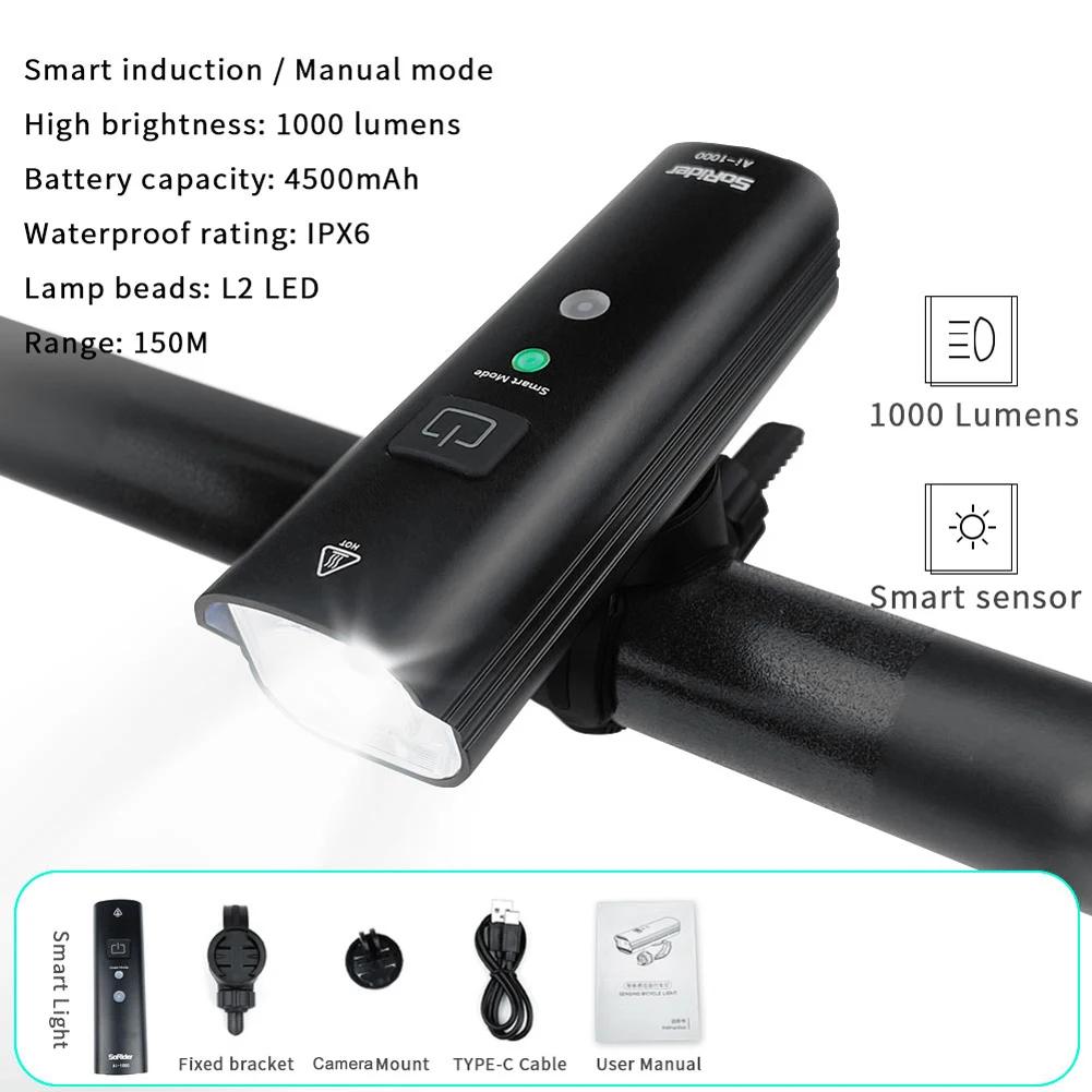 

Smart Bicycle Light 1000 Lumens LED Bicycle Front Headlight USB Rechargeable Cycling Light for MTB Mountain Bike Road Bike