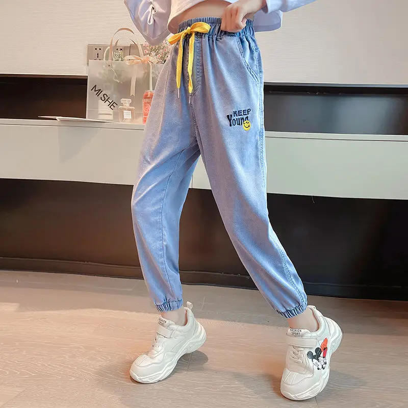 

Summer Autumn Girls Thin Silk Jeans Children Tencel Loose Pants Teens Casual Hip Hop Trousers Breathable Brand Design Embroidery