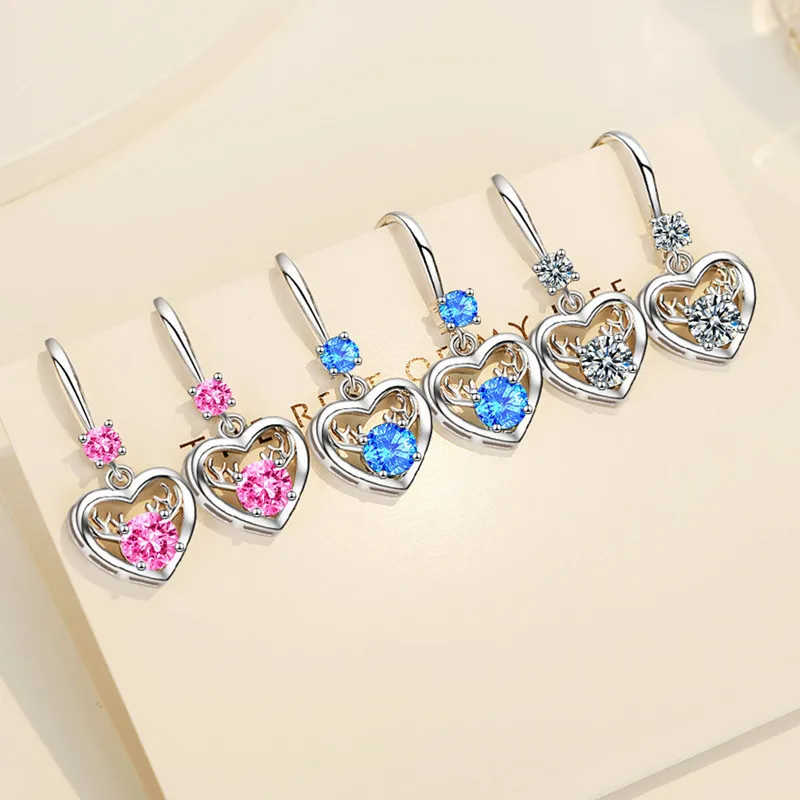 

Luxury Female Pink Blue White Stone Earrings Silver Color Long Drop Wedding Earrings Vintage Heart Dangle Earrings For Women