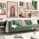 Марокканская дверь настенное искусство розовые цветы холст картина растения листья плакат печать нордическая декоративная картина Современный домашний декор
