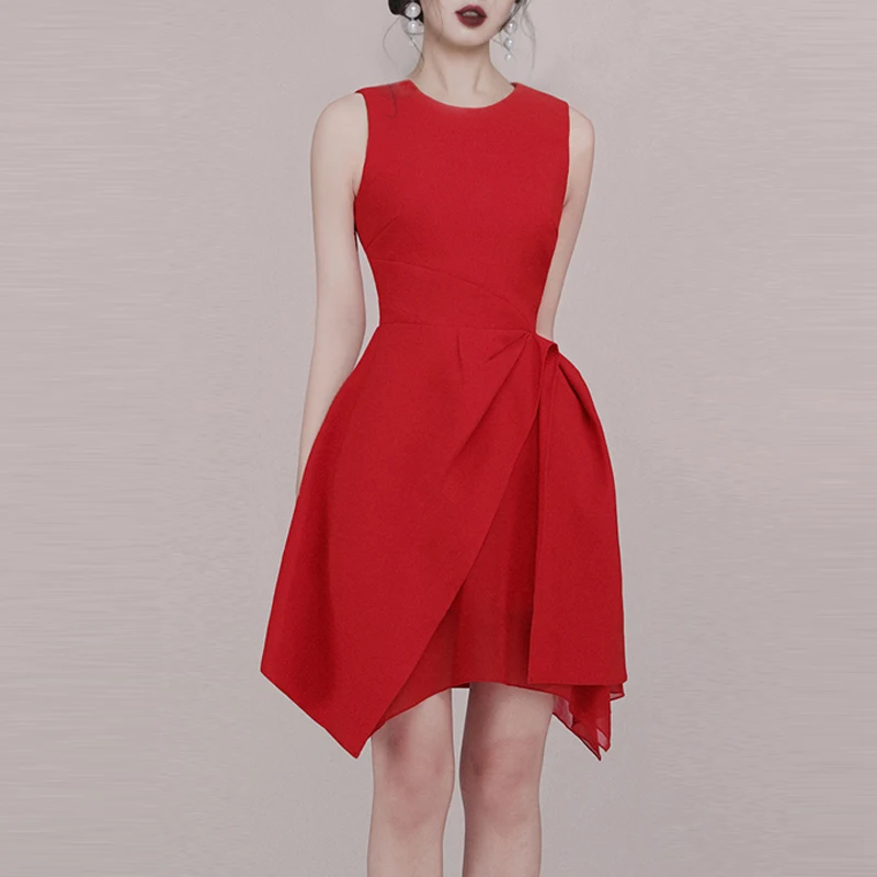 INDRESSME, новинка, сексуальное модное женское платье, однотонное, черное, с круглым вырезом, на бретелях, асимметричное, с рюшами, с подолом, облегающее, мини длина, вечерние платья - Цвет: red