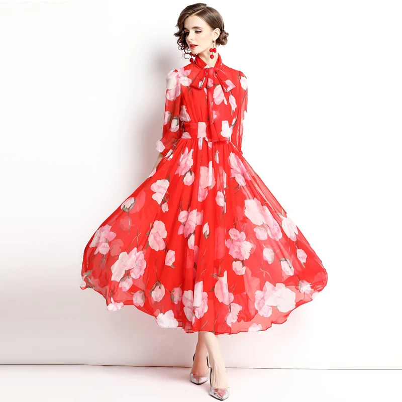 

2021 New Summer Fashion Designer Runway Middle Sleeve Red Dress Bow Collar Floral-Print Elegant Vacation Midi Dresses Vestidos