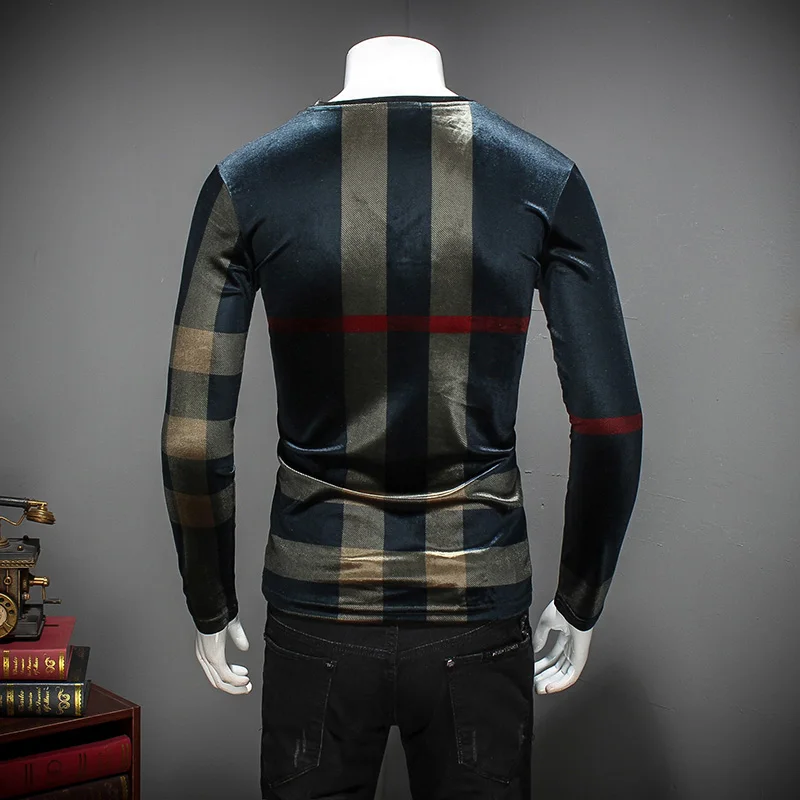 Мужская приталенная бархатная футболка в полоску с V образным вырезом|shirt men