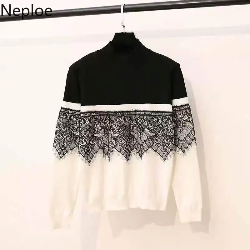 Neploe корейский кружевной лоскутный трикотажный низ Джерси Mujier Invierno Водолазка пуловер студенческий свитер темперамент дикий Unif 45949
