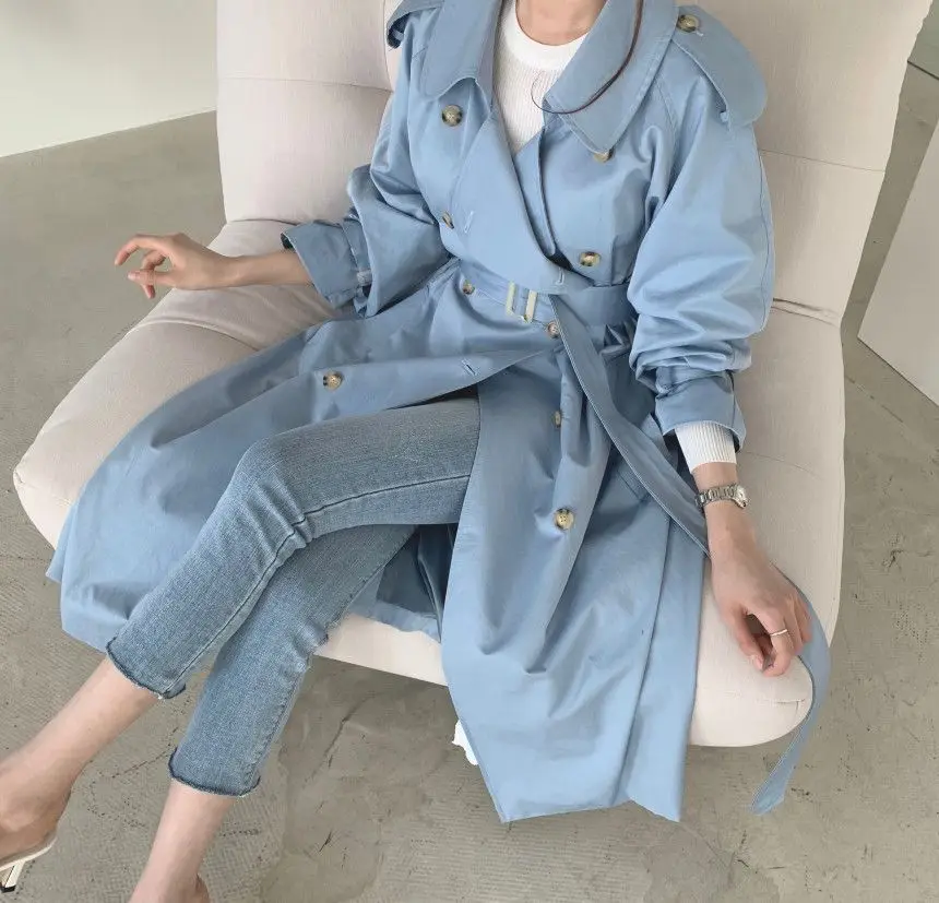 

Causal light tan autumn women trench coat Split joint elegant long sleeve coat Plaid long coat with belt windbreaker