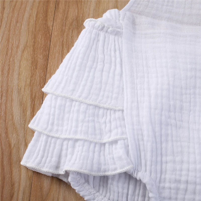 

2020 Newborn Bodysuits Baby Girl Party Clothes Solid White Lace-up Backless Bodysuit Layered Ruffle Jumpsuit Bebes Outfit Summer