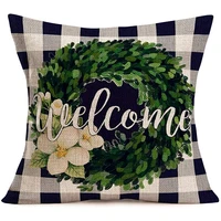 aremetop throw pillow covers grey buffalo check plaids background welcome quote with boxwood floral garland