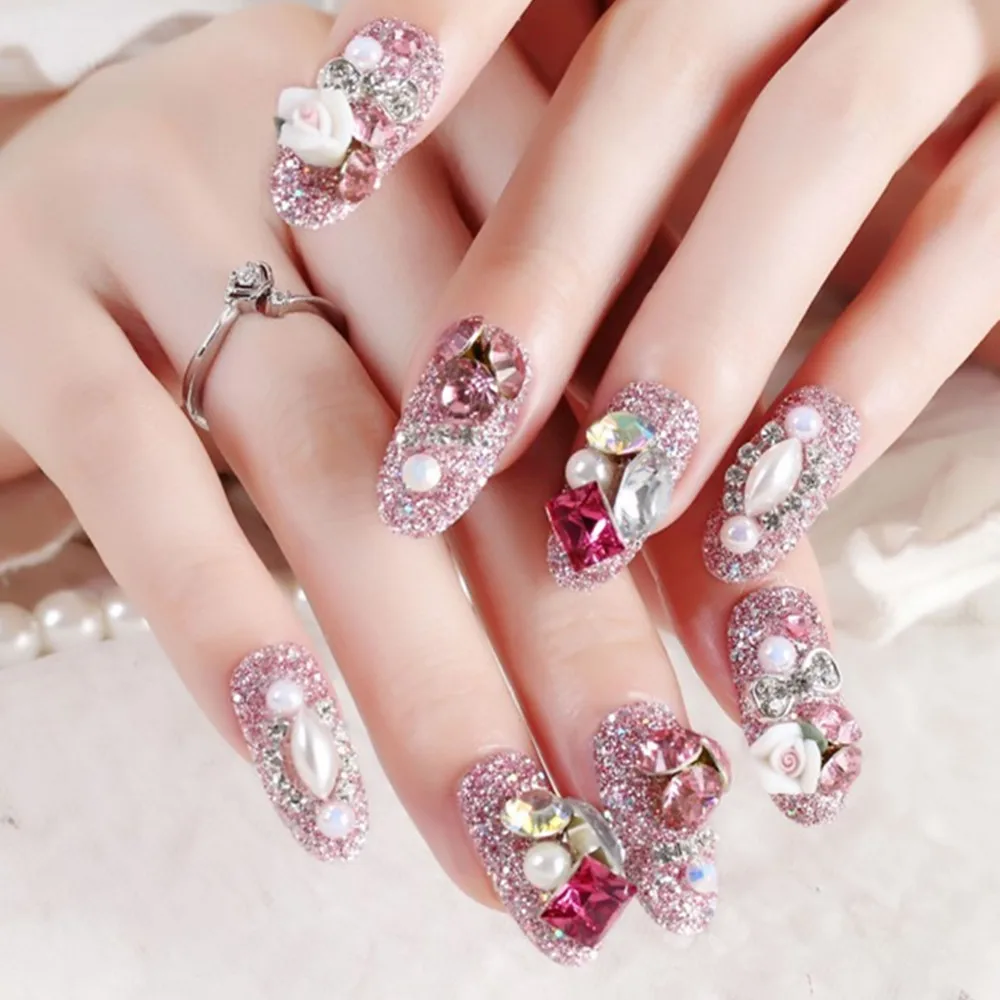 

False Nails 24 Pcs Bride Wedding Party Luxury Gemstone Bow Flower Pearl Full Cover Nail Decorations Manicure Accessories