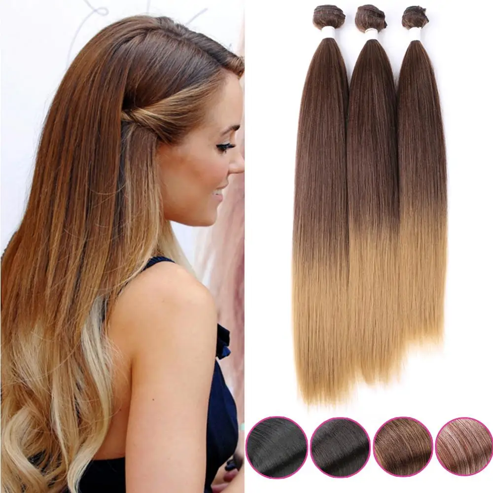 Belle Show Yaki Long Straight Hair Bundles 3Pcs Ombre 613 Brown Synthetic Hair Weave Ponytail Hair Weft Extensions For Women