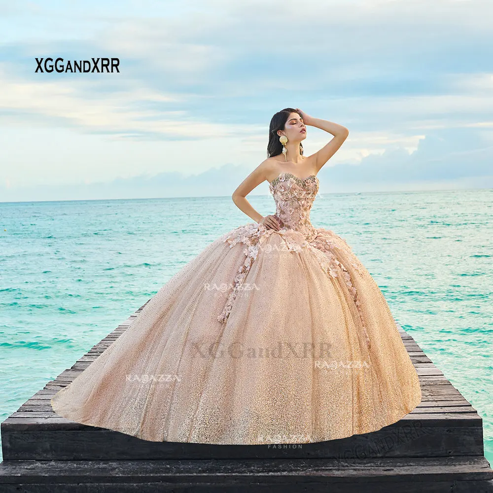 

Роскошное бальное платье с бисером, платья для Quinceanera 2021, Сексуальное Милое Цветочное платье с сердечком 15 16, платье на шнуровке для дня рожд...