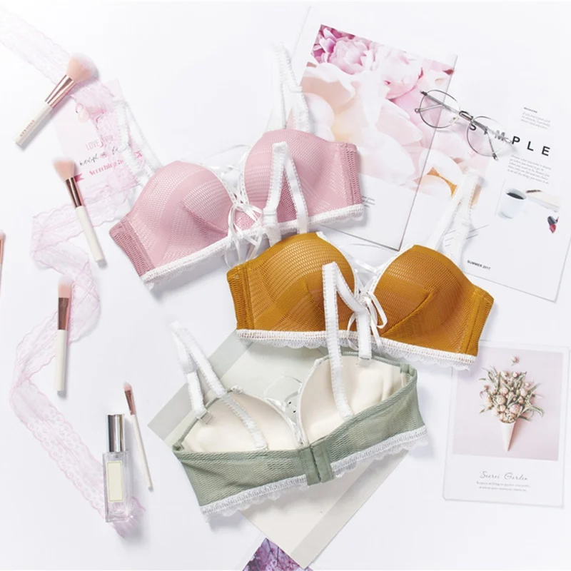 

4Colors Sexy Lace-up Three Quarters Cup Bra Set Cross Hollow Gathered Bra Sexy Lingerie Women Lace Underwear Bra & Brief Sets