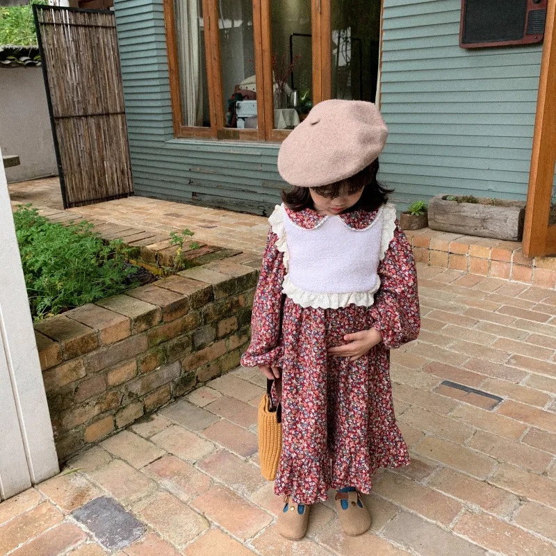 

Children 2020 Autumn and Winter Retro Floral Skirt Waistcoat Long Sleeve Lovely Princess Dresses Toddler Kids Long Sleeve Cotton