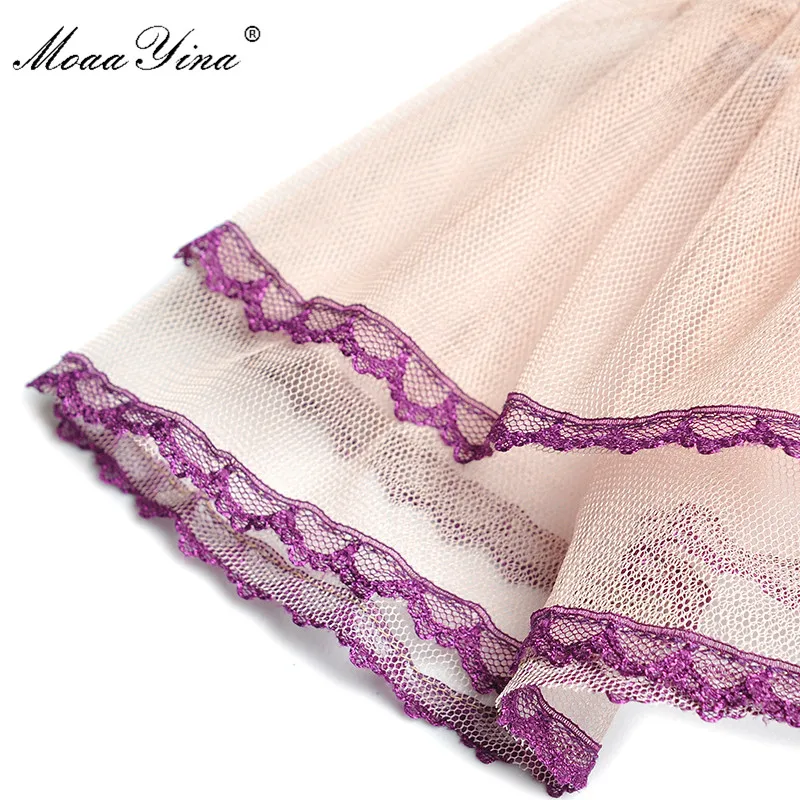 

MoaaYina Fashion Runway dress Spring Summer Women's Dress Stand collar Mesh Butterfly Sleeve Floral-Print Lace Elegant Dresses